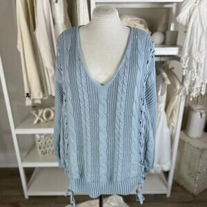 Women's Light Blue Cable Knit Lace Up Sides V Neck Pullover Sweater #3533